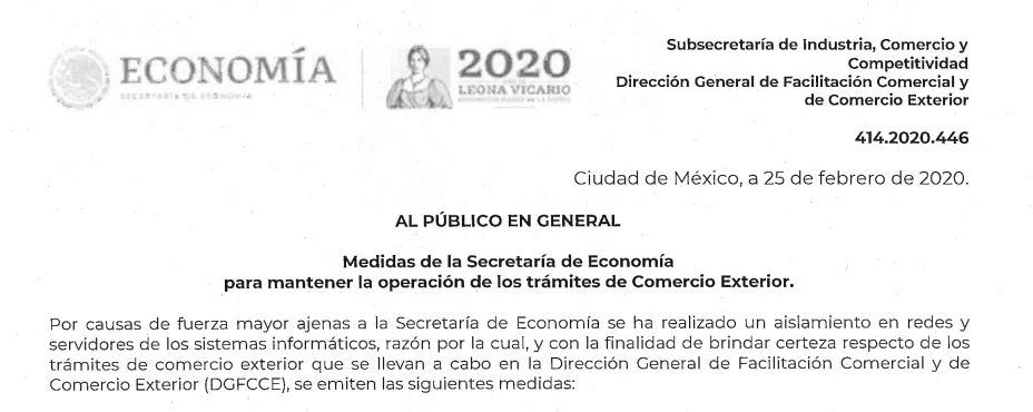 Comunicado de la Dirección General de Facilitación y Comercio Exterior en donde se publican las medidas de la SE para mantener la operación de los trámites de Comercio Exterior