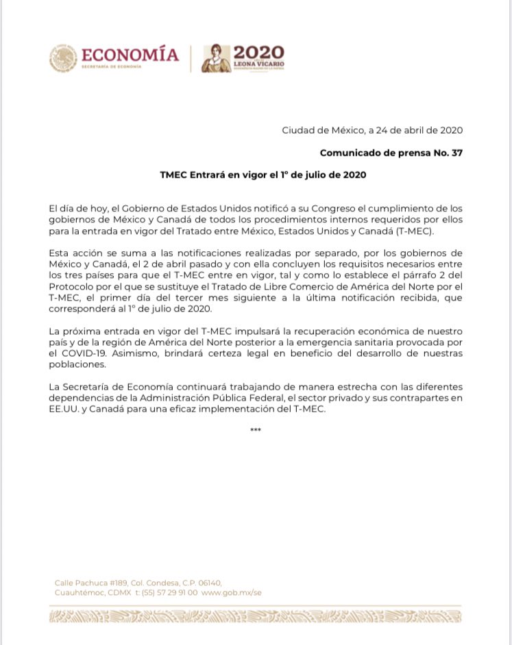 TMEC entrará en vigor el 1 de julio de 2020