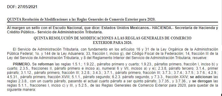 QUINTA RESOLUCIÓN DE MODIFICACIONES A LAS REGLAS GENERALES DE COMERCIO  EXTERIOR PARA 2020