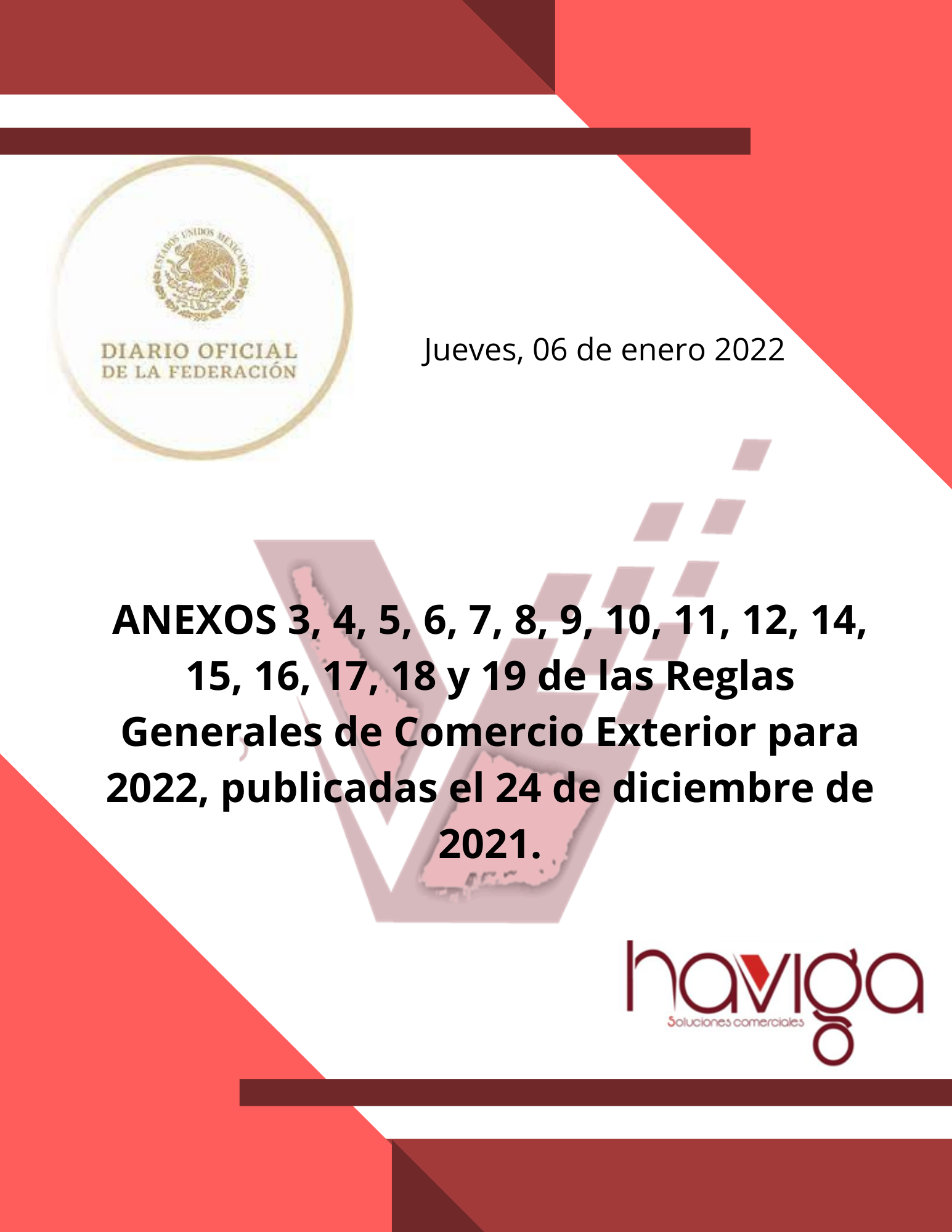 ANEXOS 3, 4, 5, 6, 7, 8, 9, 10, 11, 12, 14, 15, 16, 17, 18 y 19 de las Reglas Generales de Comercio Exterior para 2022, publicadas el 24 de diciembre de 2021.