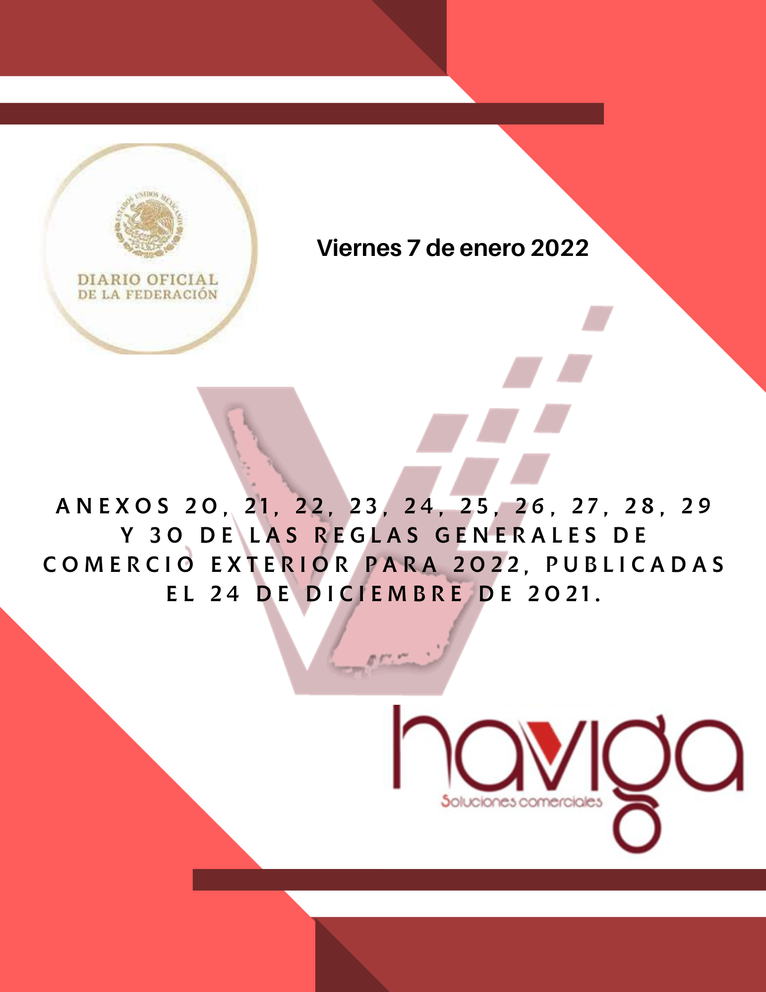 ANEXOS 20, 21, 22, 23, 24, 25, 26, 27, 28, 29 y 30 de las Reglas Generales de Comercio Exterior para 2022, publicadas el 24 de diciembre de 2021.