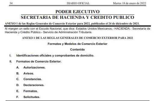 ANEXO 1 de las Reglas Generales de Comercio Exterior para 2022, publicadas el 24 de diciembre de 2021